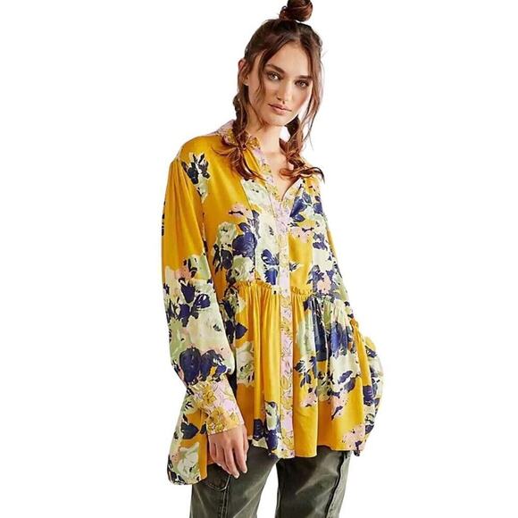 Free People Top Size S Brunch A Bunch Floral Tunic Blouse Yellow Oversized - Picture 1 of 14
